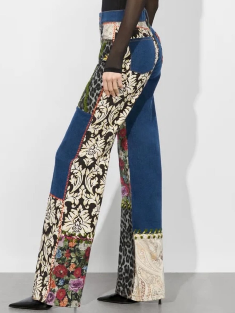 Alice + Olivia Multicolor Patchwork Flare Jeans - Blue, Black, Floral - Picture 4 of 13